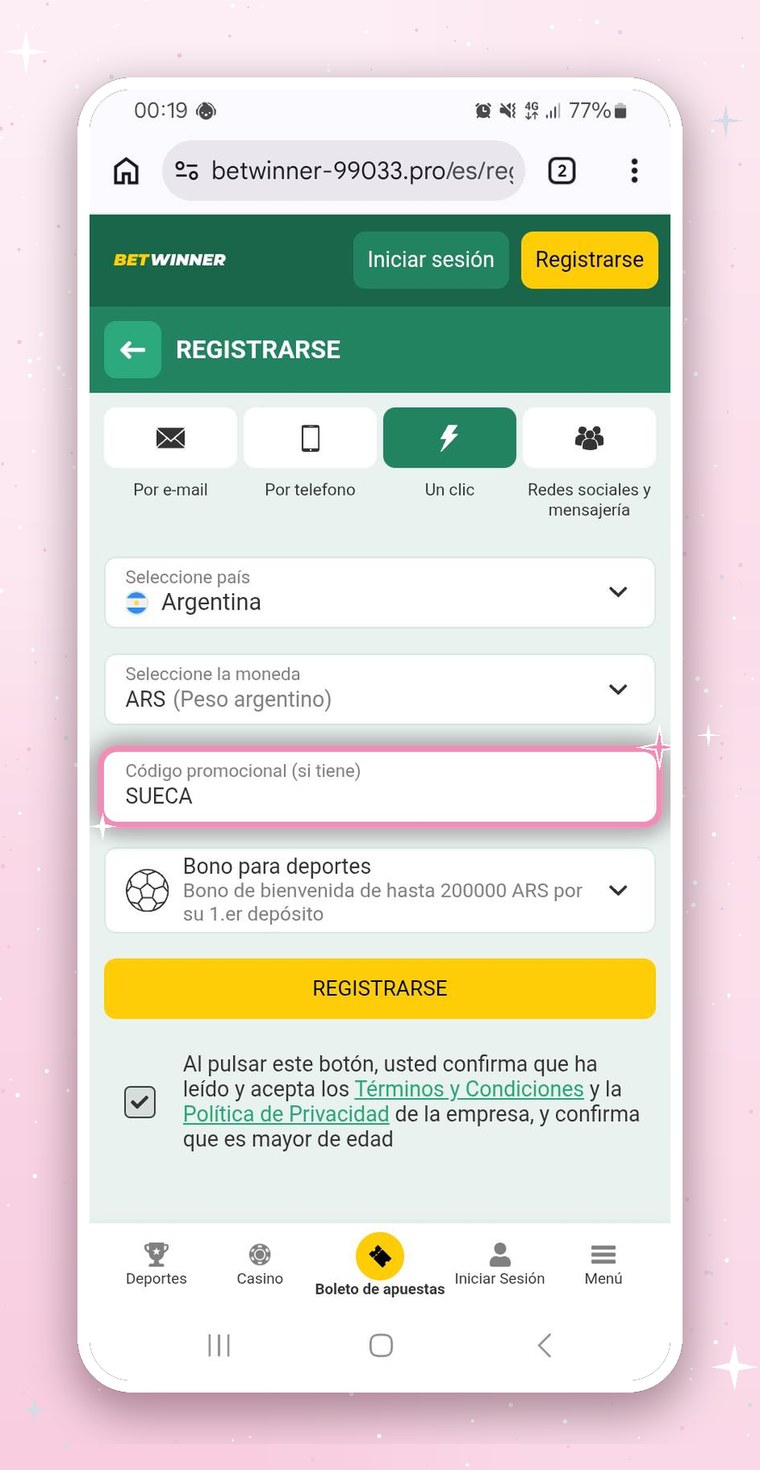 Ejemplo de captura del registro en Betwinner con el código de Sueca