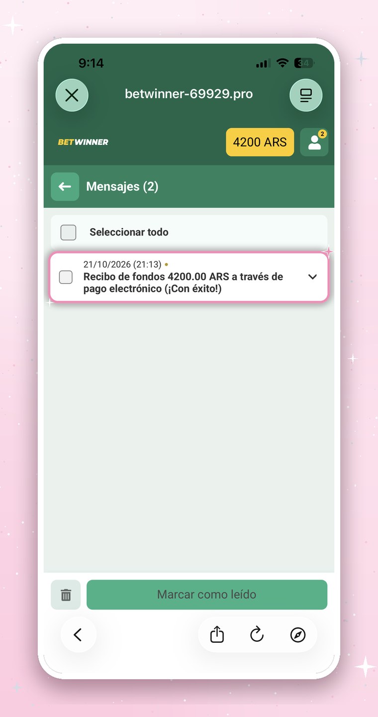 Ejemplo de notificación del depósito en Betwinner, con fecha y hora