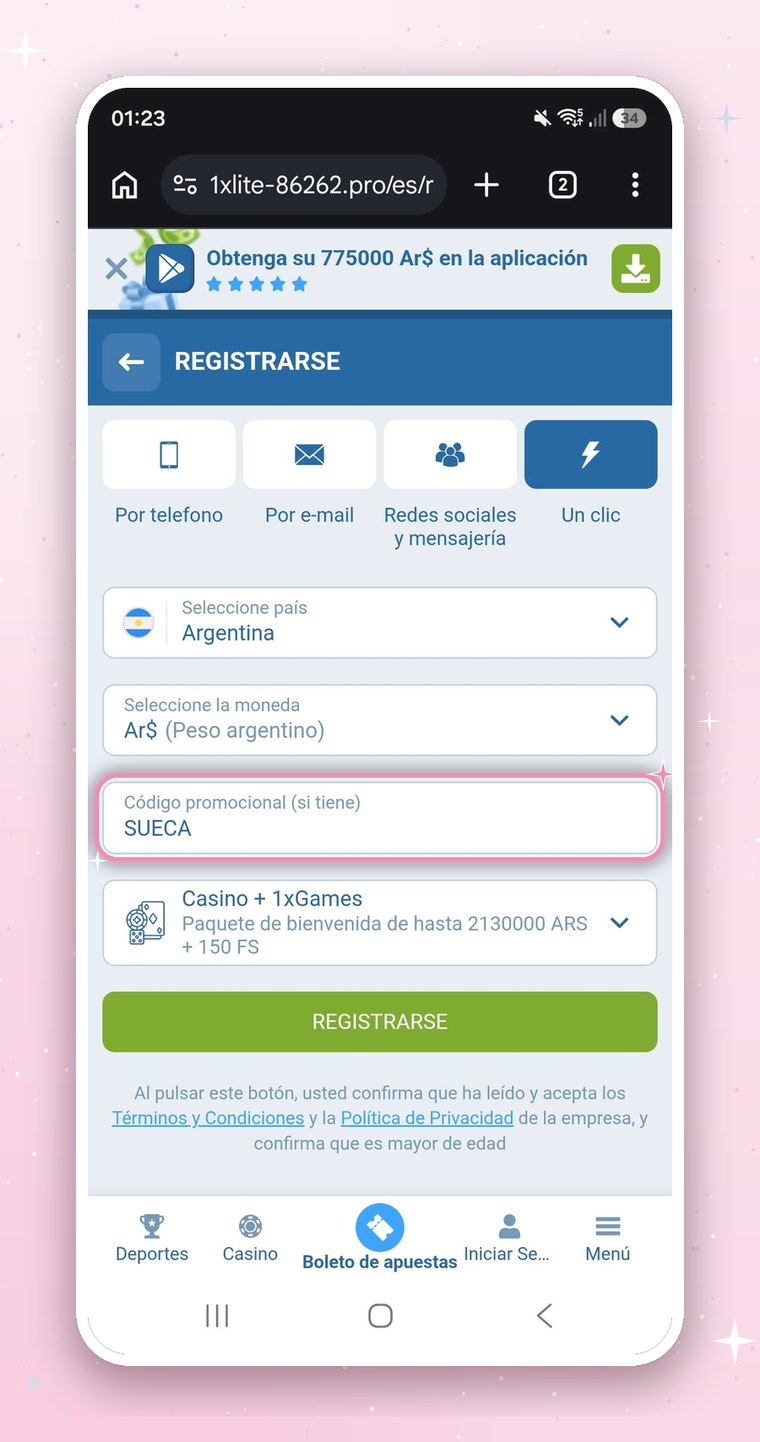 Ejemplo de captura del registro en 1xbet con el código de Sueca