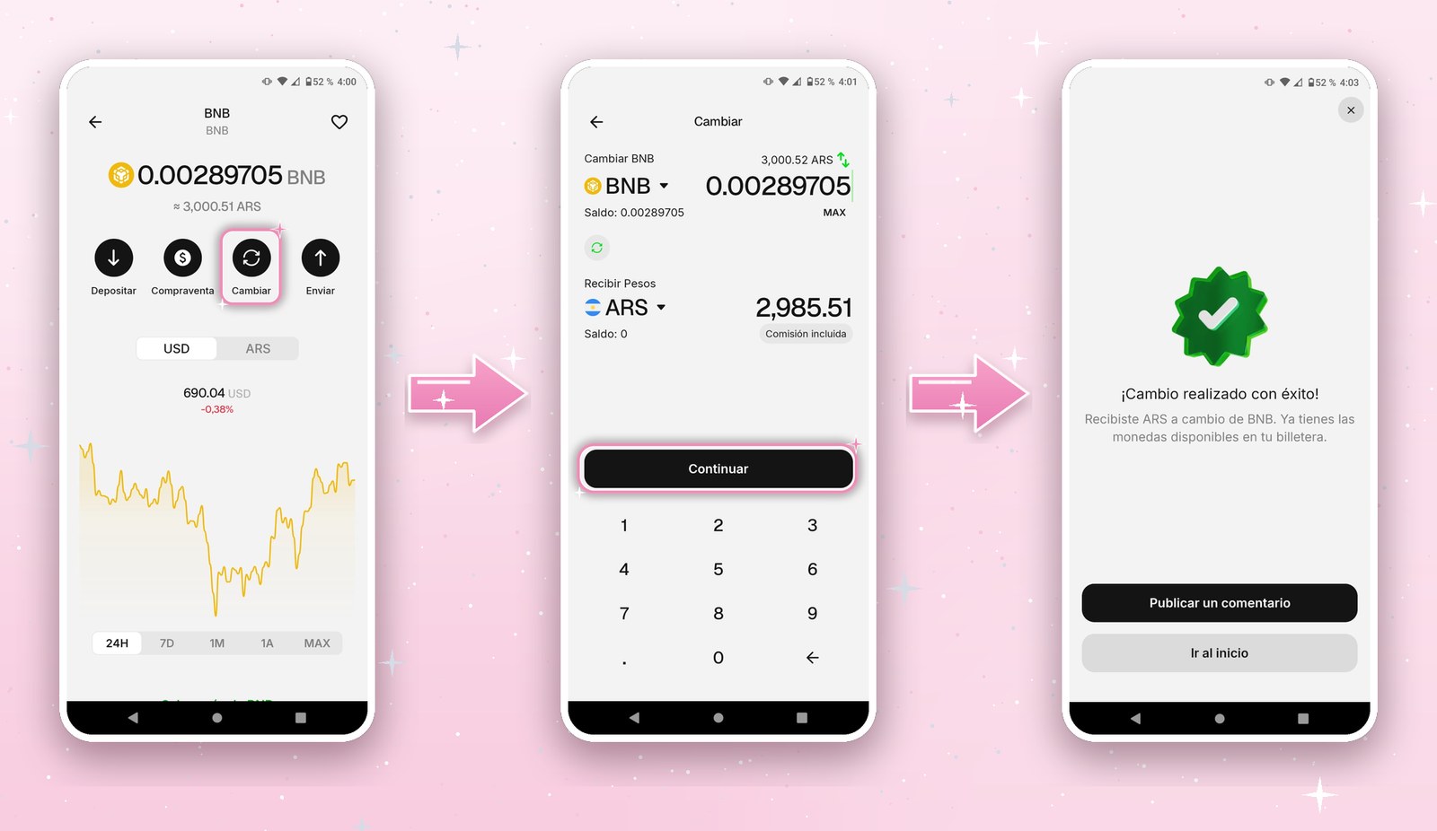 Ejemplo de cómo convertir BNB a pesos: entrar a BNB, tocar Cambiar, elegir ARS y confirmar