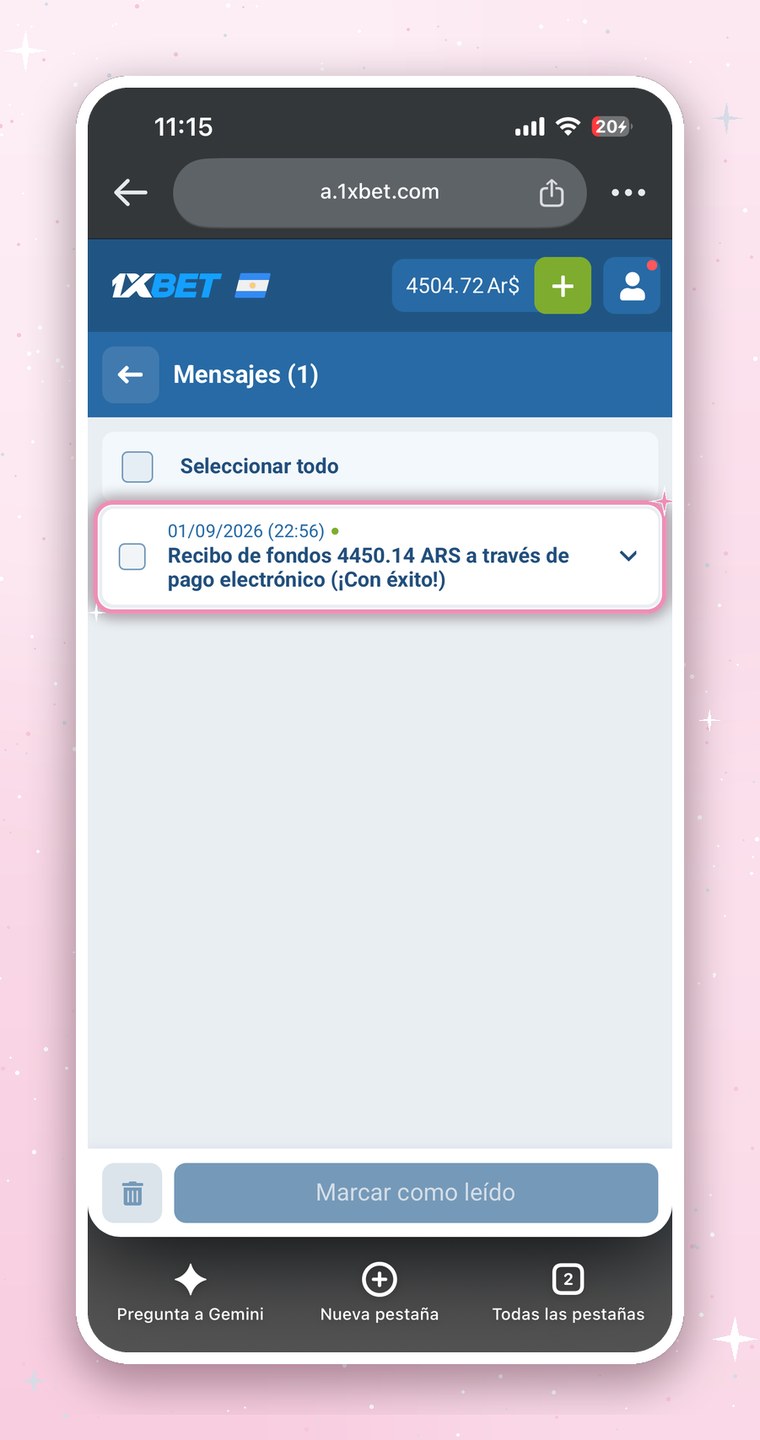 Ejemplo de notificación del depósito en 1xbet, con fecha y hora